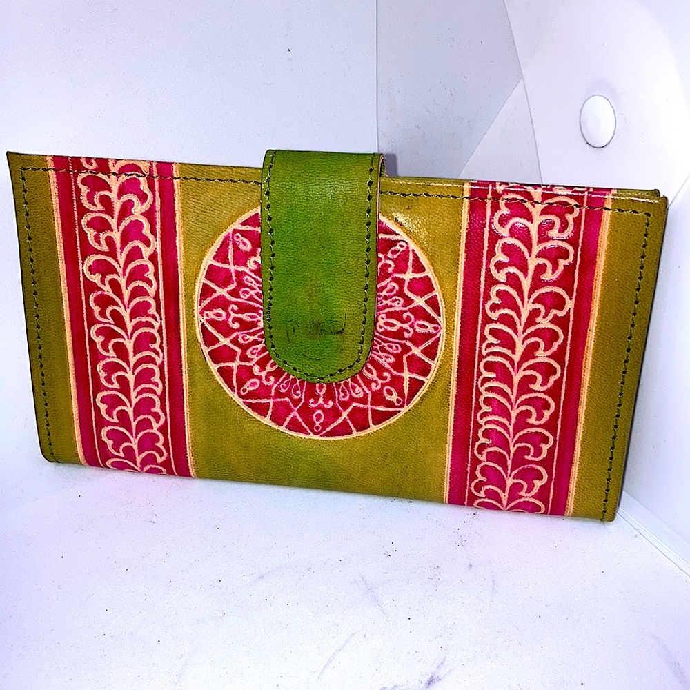 Green / red batik genuine leather wallet new